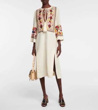 Gucci Floral Embroidery Organic Linen Kaftan In Weiss 